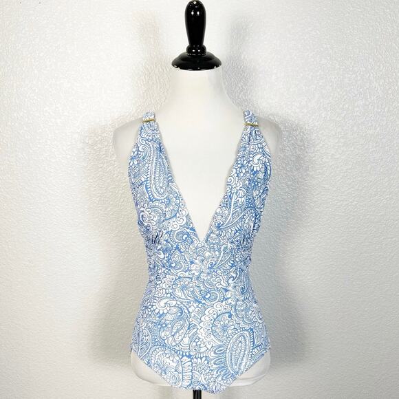 Melissa Odabash Womens Panarea One Piece Swimsuit in Azzuro Blue Print Size 6 - Picture 1 of 12